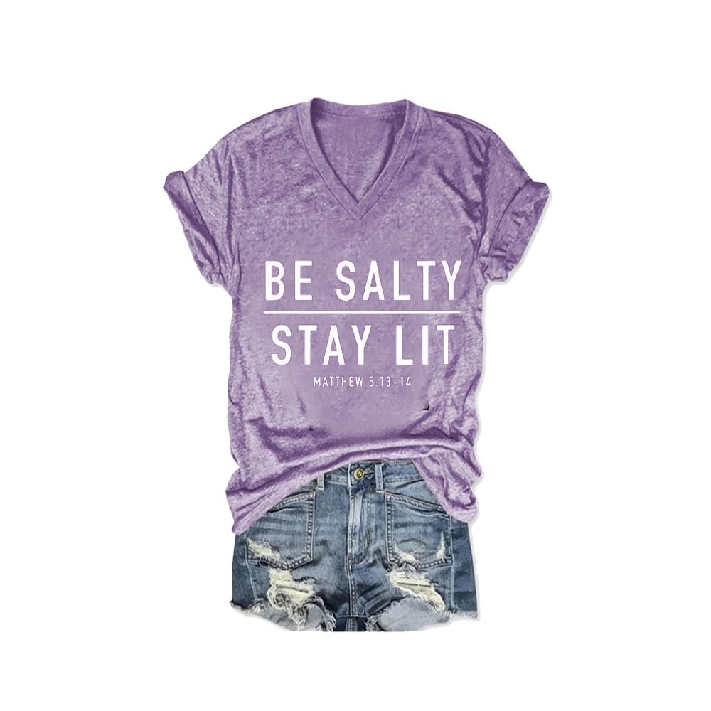 MOGUI Be Salty Stay Lit V Neck Womens Tshirt Be Salty Stay Lit Tank Religious Shirts for Women Casual V-Neck Tee Funny Graphic Top Purple, Medium