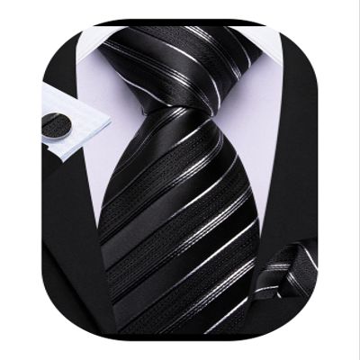 Barry.Wang Man Stripe Ties Set Silk Woven Pocket Square Necktie Cufflinks Formal Party Business Black and White