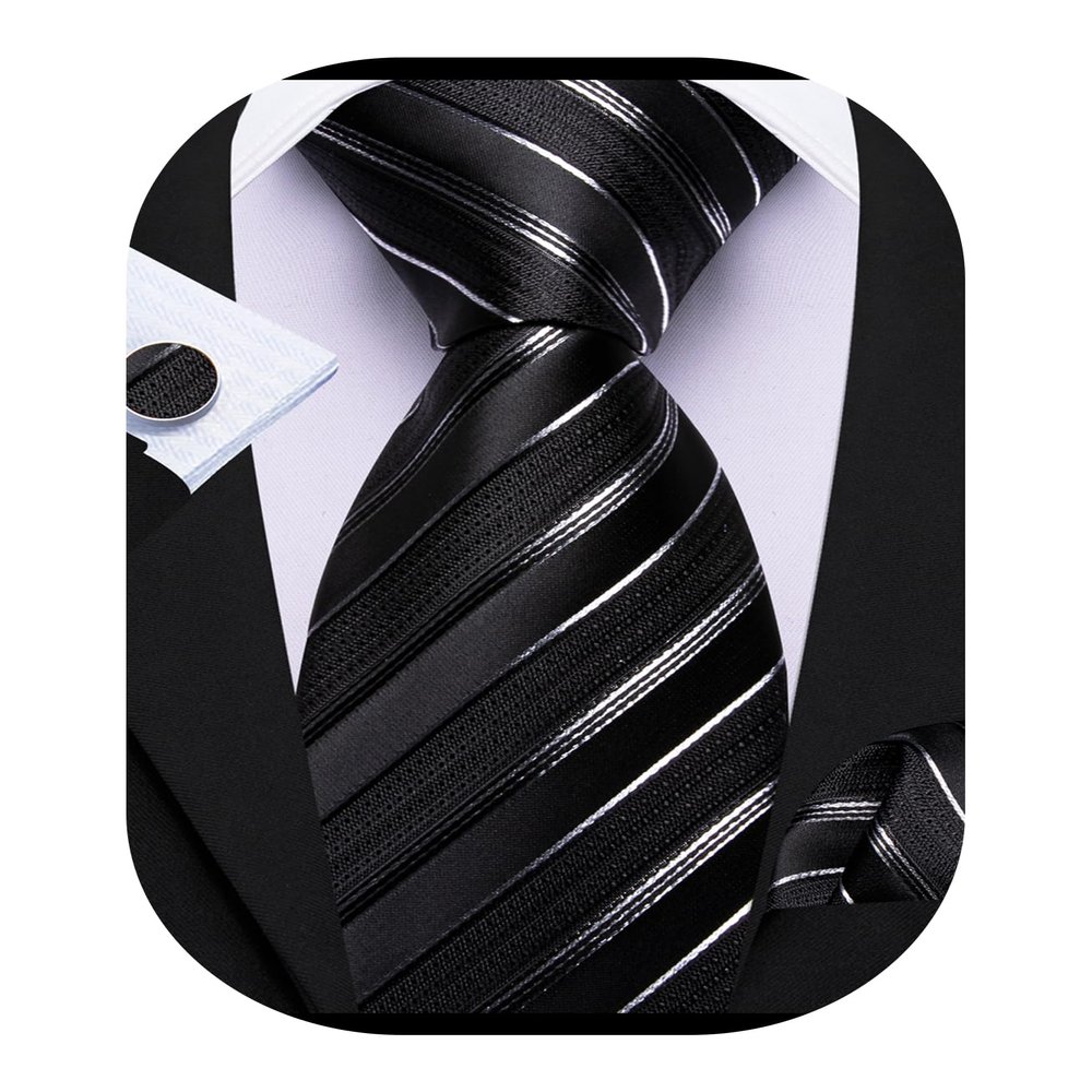 Barry.Wang Man Stripe Ties Set Silk Woven Pocket Square Necktie Cufflinks Formal Party Business Black and White
