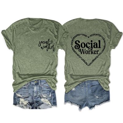 Women's Social Worker Love Heart Graphic T Shirt Caring Encouraging Kind Letter Printed Front and Back Graphic Tee Green