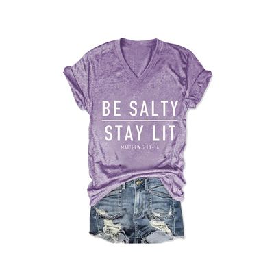 MOGUI Be Salty Stay Lit Tshirt Women Be Salty Stay Lit Shirt Salty Shirts for Women Casual V Neck Tops Christian Funny T Shirt Vintage Top Purple, 4X-Large