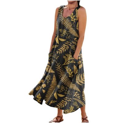 Generic Maxi Dress for Women - Flowy Round Neck Beach Long Cotton Linen Sleeveless Casual Dress With Pockets - Sundress (Large, 6-Navy)