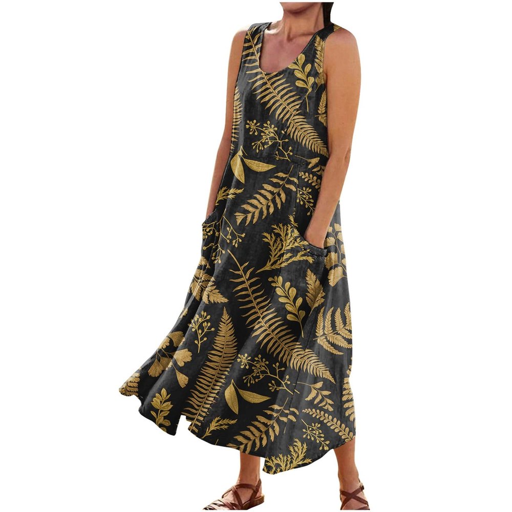 Generic Maxi Dress for Women - Flowy Round Neck Beach Long Cotton Linen Sleeveless Casual Dress With Pockets - Sundress (Large, 6-Navy)