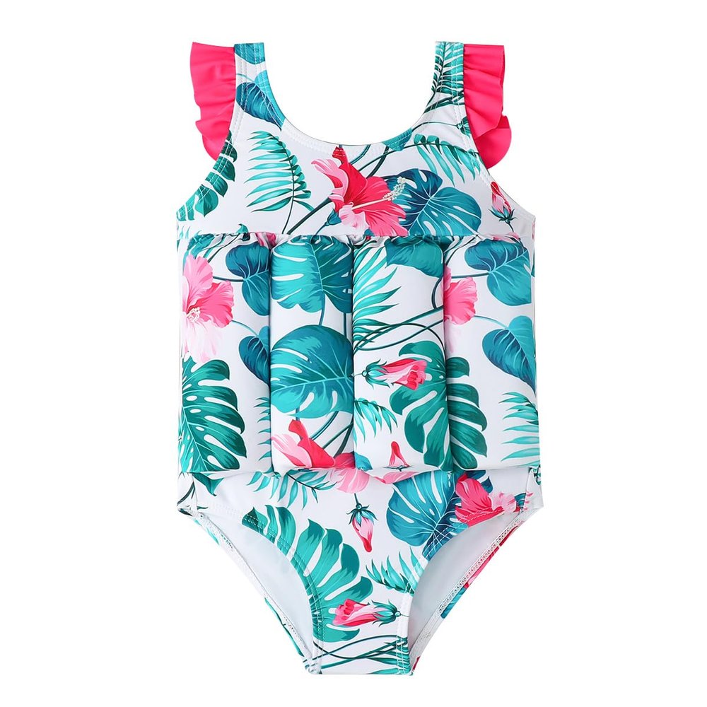 IDOPIP Kids Baby Girls Float Suit Leaves Floatation Swimsuit with Adjustable Buoyancy Bathing Swimwear Toddler One Piece Swimming Suit Summer Sleeveless Swim Vest Jacket Green Leaves 6-9 Months