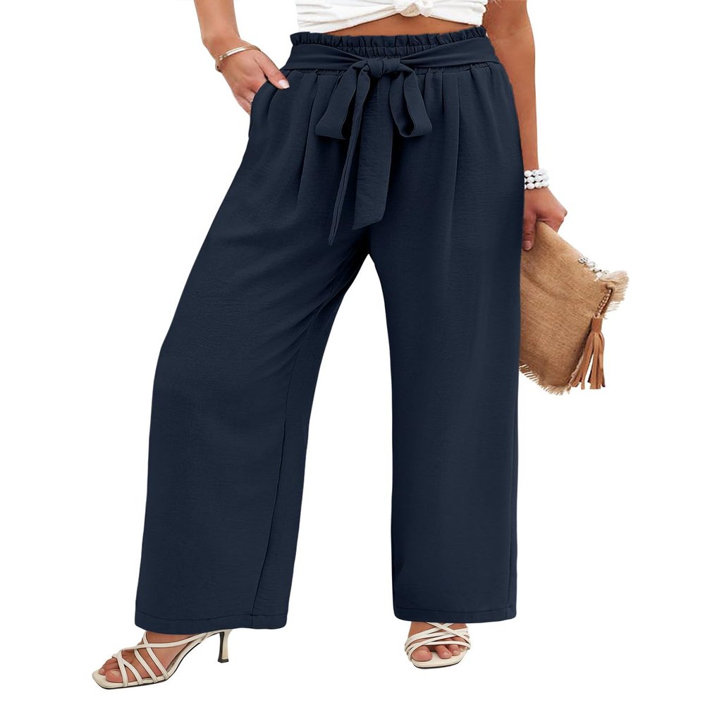 Angerella Women's Loose Fit Palazzo Pants for Work Business Casual High Elastic Waist Stretchy Wide-Leg Trousers with Pockets Navy Blue XL