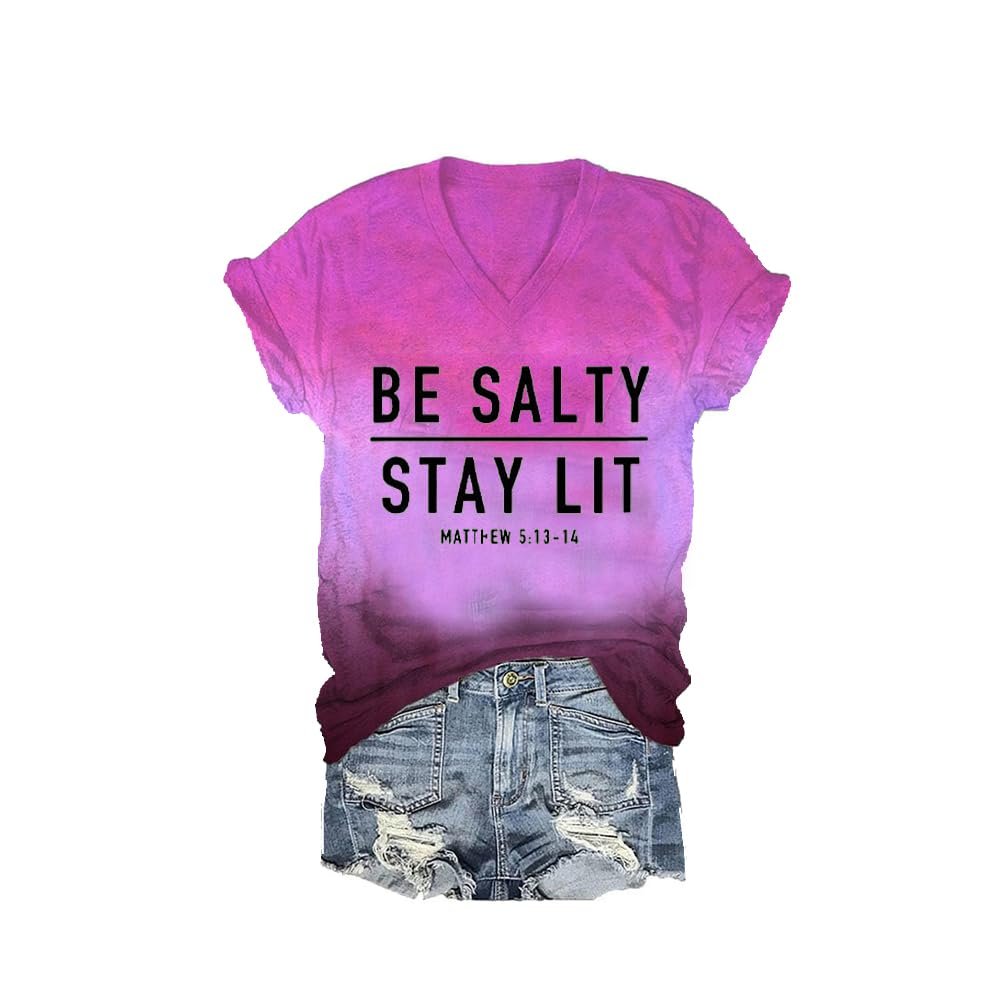MOGUI Be Salty Stay Lit V Neck Womens Tshirt Be Salty Stay Lit Tank Religious Shirts for Women Casual V-Neck Tee Funny Graphic Top Violet, 4X-Large