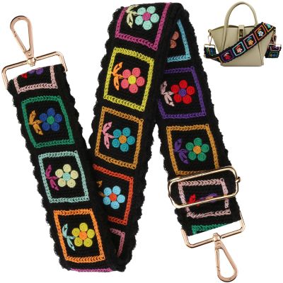 Dexspoeny Purse Straps Replacement Crossbody Straps,Vintage Shoulder Strap Purse Strap, Crochet Flower Guitar Strap, Adjustable Wide Purse Strap for Girl Women Gift-Black-A