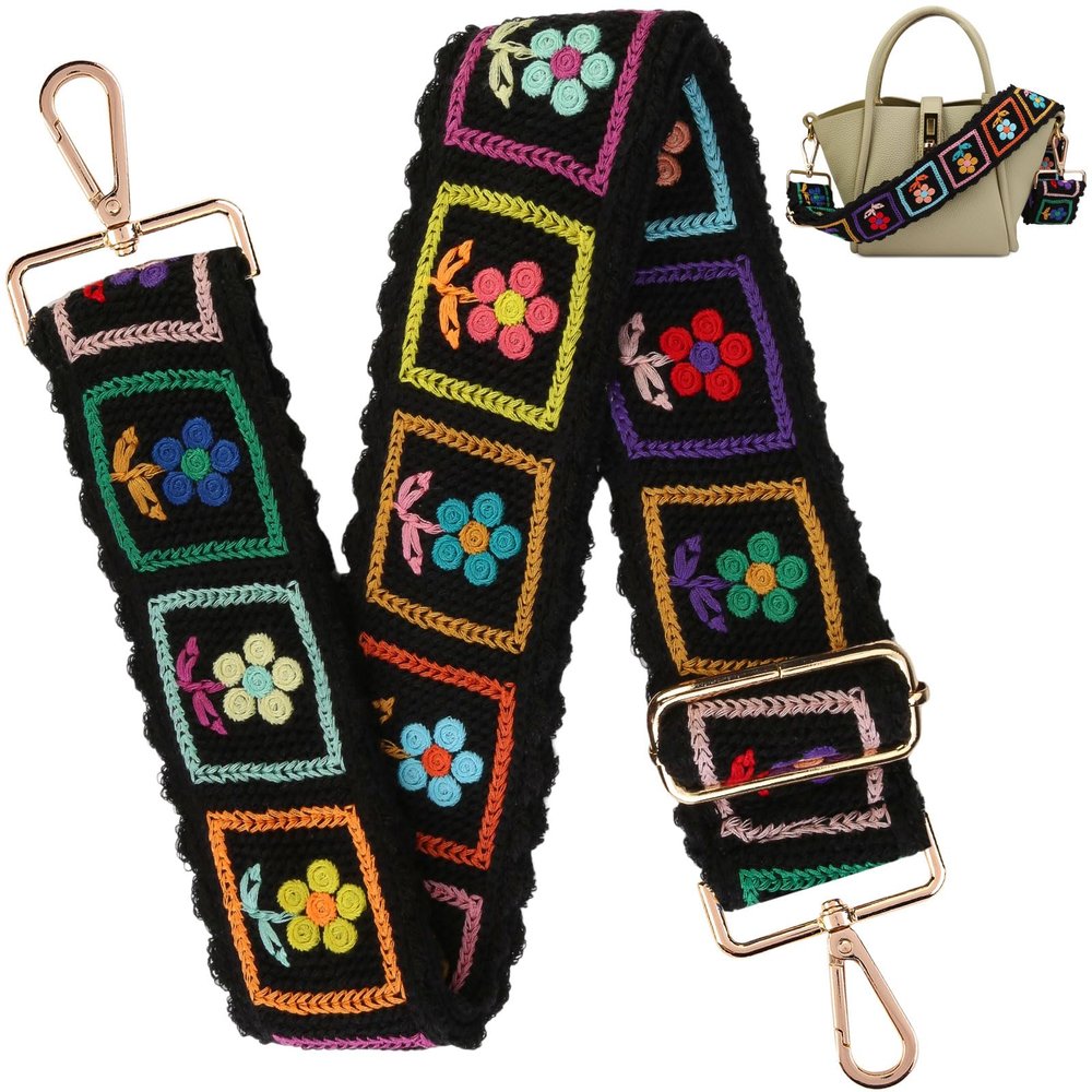 Dexspoeny Purse Straps Replacement Crossbody Straps,Vintage Shoulder Strap Purse Strap, Crochet Flower Guitar Strap, Adjustable Wide Purse Strap for Girl Women Gift-Black-A