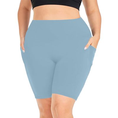 NineFit Basics Biker Shorts Women Plus Size High Waisted Tummy Control Gym Workout Running Athletic Shorts with Pockets Light Blue, XX-Large