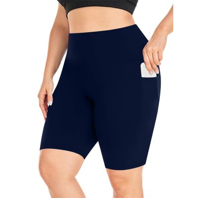 NineFit Basics Biker Shorts Women Plus Size High Waisted Tummy Control Gym Workout Running Athletic Shorts with Pockets Navy, 3X-Large