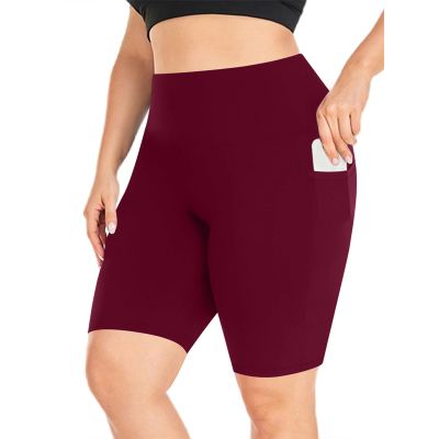 NineFit Basics Biker Shorts Women Plus Size High Waisted Tummy Control Gym Workout Running Athletic Shorts with Pockets Wine, 4X-Large