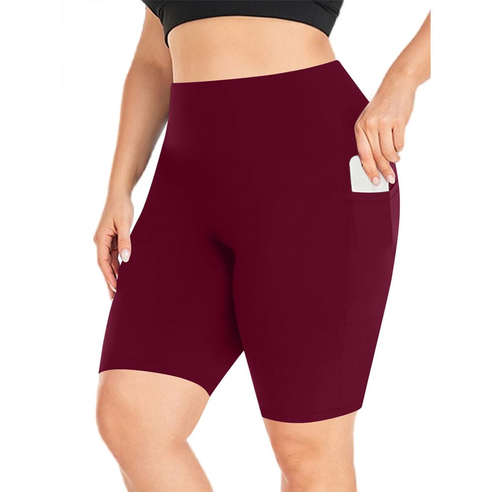 NineFit Basics Biker Shorts Women Plus Size High Waisted Tummy Control Gym Workout Running Athletic Shorts with Pockets Wine, 4X-Large