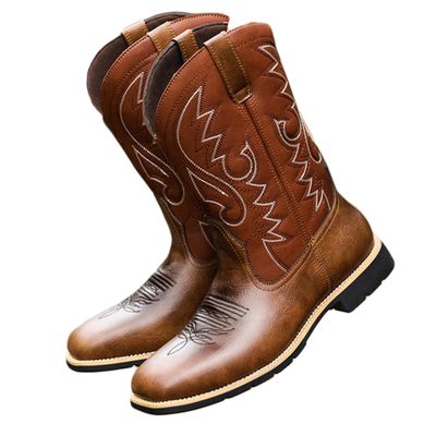Bestgift Western cowboy boots tall embroidered retro men and women large size Brown 11