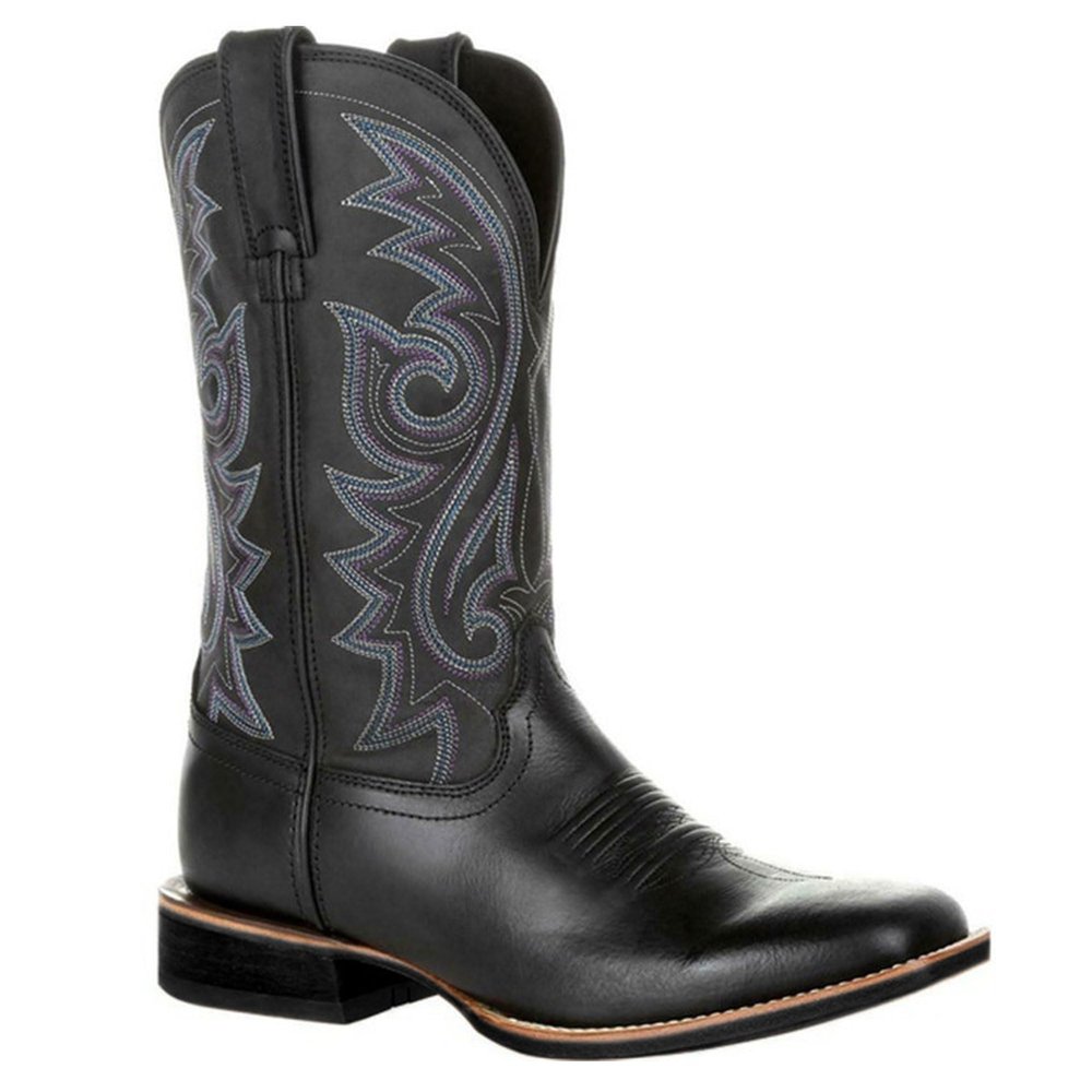 Bestgift Western cowboy boots tall embroidered retro men and women large size Black 8