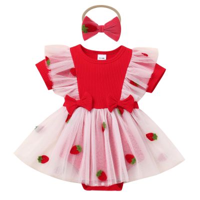 FYMNSI Newborn Baby 1st Birthday Girl Outfit Ribbed Knit Romper Dress Tutu For Toddler Princess Ruffle Bodysuit Headband First Birthday Decorations Cute Infants Clothes Red Strawberry 6-9M