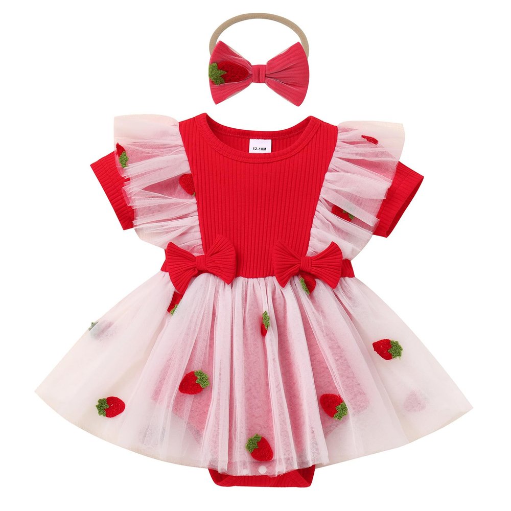 FYMNSI Newborn Baby 1st Birthday Girl Outfit Ribbed Knit Romper Dress Tutu For Toddler Princess Ruffle Bodysuit Headband First Birthday Decorations Cute Infants Clothes Red Strawberry 6-9M