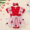 FYMNSI Newborn Baby 1st Birthday Girl Outfit Ribbed Knit Romper Dress Tutu For Toddler Princess Ruffle Bodysuit Headband First Birthday Decorations Cute Infants Clothes Red Strawberry 6-9M view 3