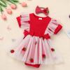 FYMNSI Newborn Baby 1st Birthday Girl Outfit Ribbed Knit Romper Dress Tutu For Toddler Princess Ruffle Bodysuit Headband First Birthday Decorations Cute Infants Clothes Red Strawberry 6-9M view 4