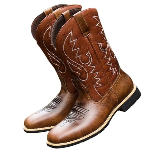 Bestgift Western cowboy boots tall embroidered retro men and women large size Brown 8.5