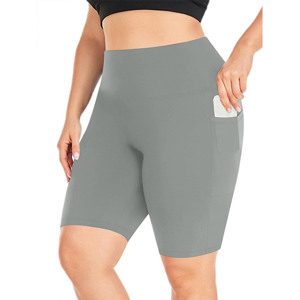 Biker Shorts Women Plus Size High Waisted Tummy Control Gym Workout Running Athletic Shorts with Pockets Gray