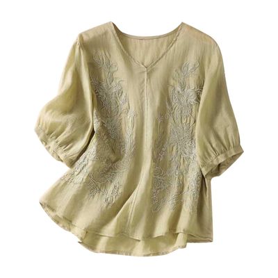 Women's Summer 3/4 Sleeve Cotton Linen Tops Vintage Mexican Embroidered Shirts Casual V Neck Boho Blouse Oversized Green