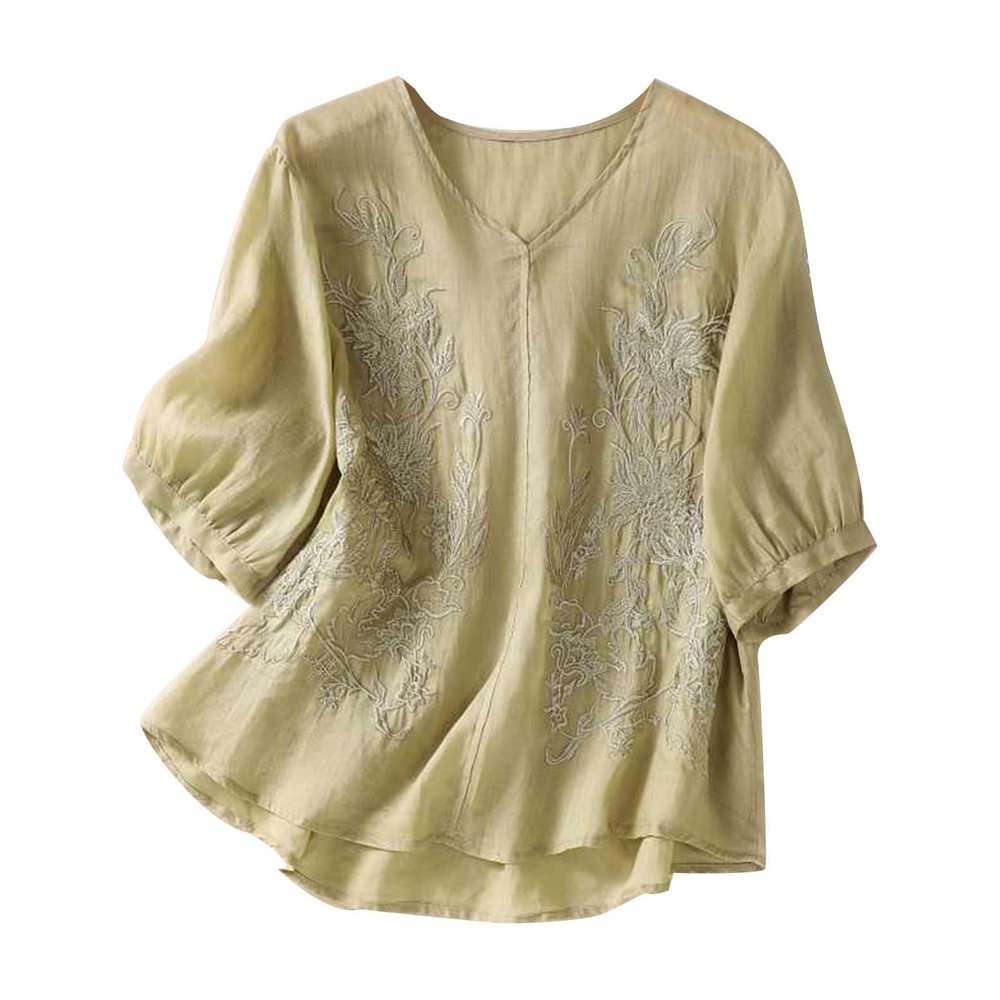 Women's Summer 3/4 Sleeve Cotton Linen Tops Vintage Mexican Embroidered Shirts Casual V Neck Boho Blouse Oversized Green