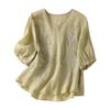 Women's Summer 3/4 Sleeve Cotton Linen Tops Vintage Mexican Embroidered Shirts Casual V Neck Boho Blouse Oversized Green view 1