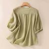 Women's Summer 3/4 Sleeve Cotton Linen Tops Vintage Mexican Embroidered Shirts Casual V Neck Boho Blouse Oversized Green view 2