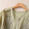 Women's Summer 3/4 Sleeve Cotton Linen Tops Vintage Mexican Embroidered Shirts Casual V Neck Boho Blouse Oversized Green view 3