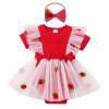 FYMNSI Newborn Baby 1st Birthday Girl Outfit Ribbed Knit Romper Dress Tutu For Toddler Princess Ruffle Bodysuit Headband First Birthday Decorations Cute Infants Clothes Red Strawberry 3-6M view 1
