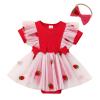 FYMNSI Newborn Baby 1st Birthday Girl Outfit Ribbed Knit Romper Dress Tutu For Toddler Princess Ruffle Bodysuit Headband First Birthday Decorations Cute Infants Clothes Red Strawberry 3-6M view 2