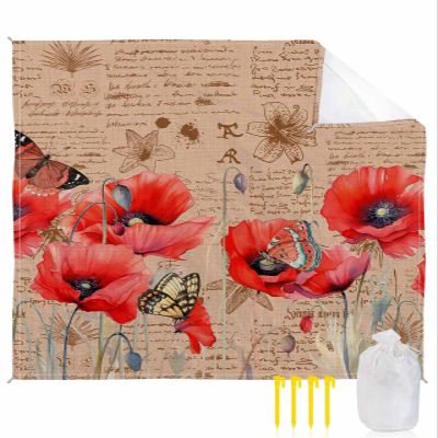 Beach Blanket Waterproof Sandproof Beach Mat,Retro Red Poppy Flower Butterfly Picnic Blankets with Sand Pockets and Stakes,Vintage Floral Letter Back Outdoor Pad for Seaside,Travel,Camping,Hiking