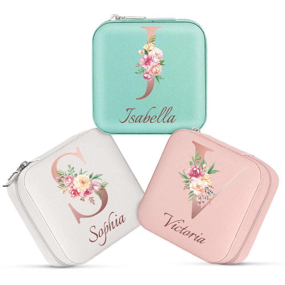 Chrifansi Personalized Jewelry Box Customized Travel Jewelry Case Leather Small Personalized Gifts Bridesmaid Gifts for Women Girls-Name & Initial A-Z (Style 5)