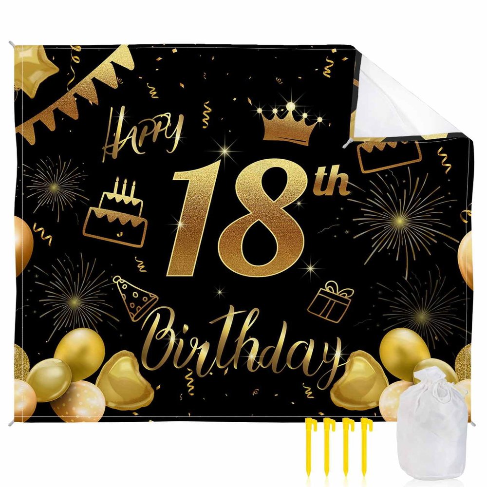 Beach Blanket Waterproof Sandproof Beach Mat,Black Gold Love Balloon Birthday Cake Picnic Blankets with Sand Pockets and Stakes,Golden Star Firework Outdoor Pad for Seaside,Travel,Camping,Hiking