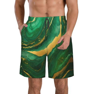 WURTON Black and Gold Geometric Print Men's Swim Trunks Quick Dry Beach Shorts with Pockets Lining Swimwear Bathing Shorts, 3X-Large, White