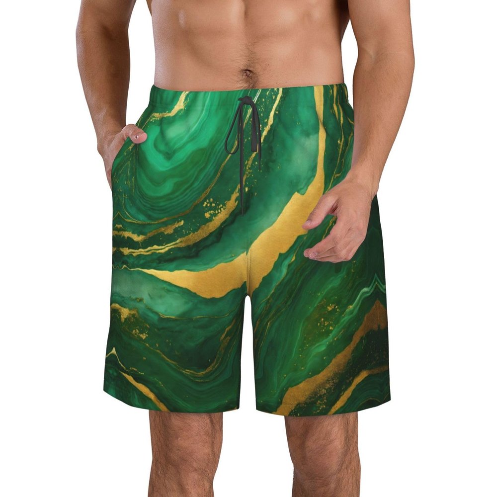 WURTON Black and Gold Geometric Print Men's Swim Trunks Quick Dry Beach Shorts with Pockets Lining Swimwear Bathing Shorts, 3X-Large, White