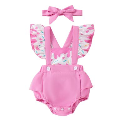 Lnzyyephy Newborn Baby Girl Summer Outfits Cute Print Fly Sleeve Romper Infant Ruffles Bodysuits Jumpsuit Clothes Headband (Pink A, 3-6 Months)