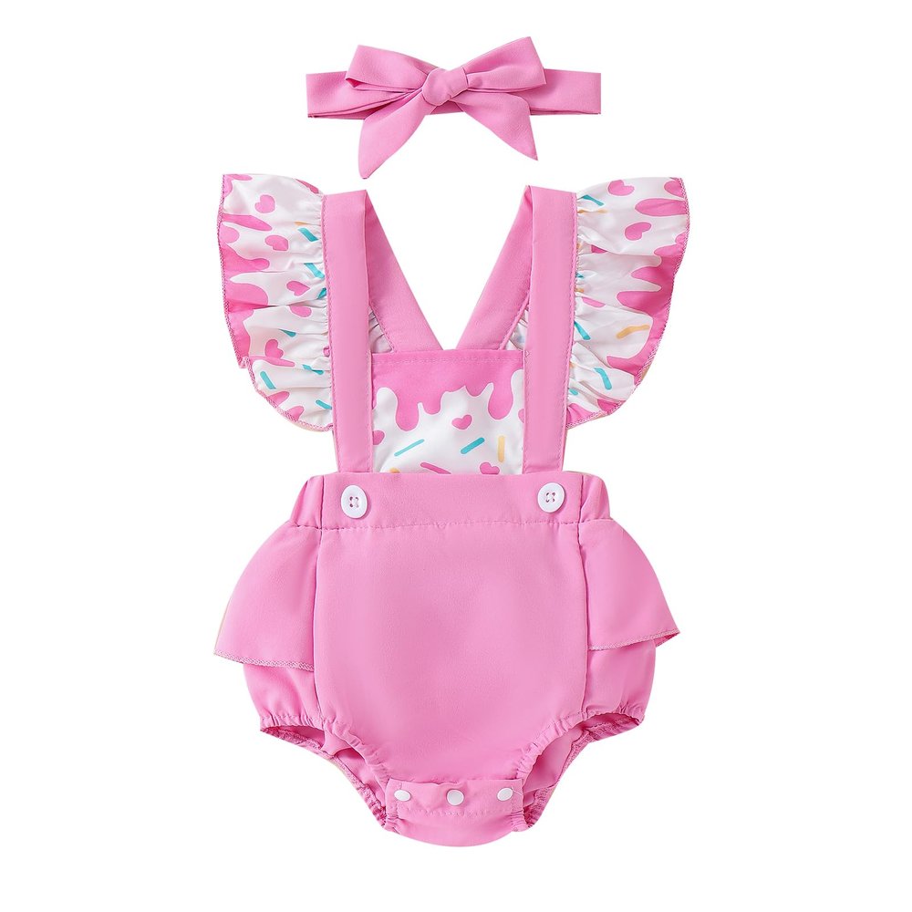 Lnzyyephy Newborn Baby Girl Summer Outfits Cute Print Fly Sleeve Romper Infant Ruffles Bodysuits Jumpsuit Clothes Headband (Pink A, 3-6 Months)