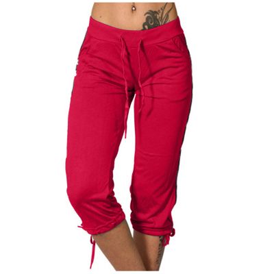 RKSTN Womens Capris for Summer 2025 Casual Yoga Gym Capri Leggings with Drawstring Shorts High Waisted Cropped Beach Pants Women 2025 Trendy E-red