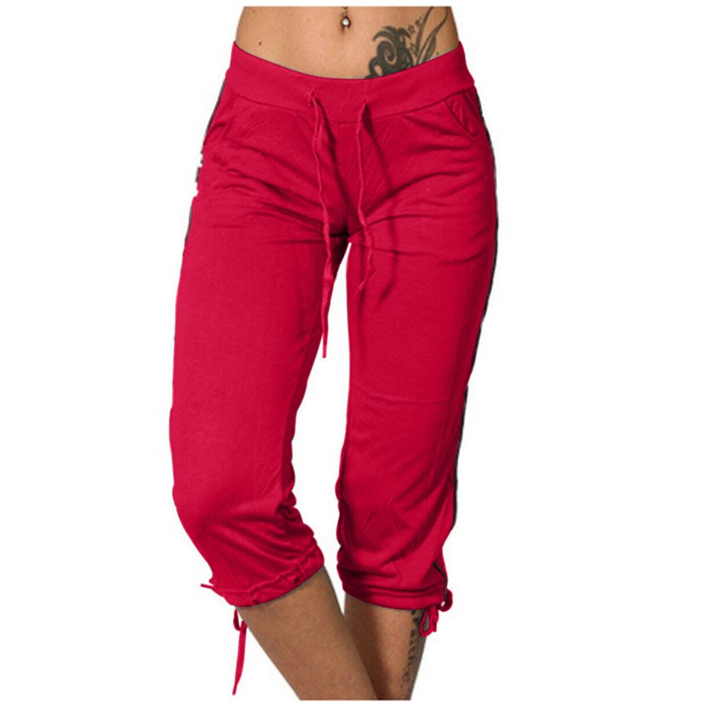 RKSTN Womens Capris for Summer 2025 Casual Yoga Gym Capri Leggings with Drawstring Shorts High Waisted Cropped Beach Pants Women 2025 Trendy E-red