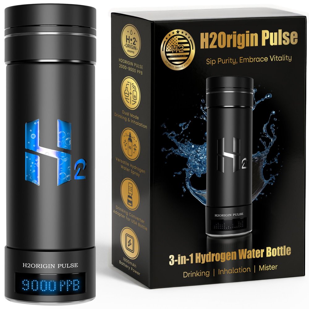 H2ORIGIN PULSE Hydrogen Water Bottle Generator, Up to 9000 PPB Hydrogen Bottle Water Ionizer with SPE/PEM Technology, 3-in-1 Portable Universal Adapter and Refreshing Mist Spray for Home Hydration