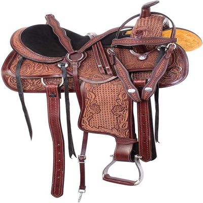 Brown Western Kids Youth Adult Barrel Leather Saddle for Horse Riding Equestrian Tack Set Floral Tooled with Silver Conchos WS-0102 (13" Seat)