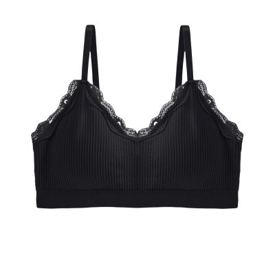 SUIJasmine Women's Lace Wireless Ribbed Bralettes Comfy Spaghetti Strap Knit Everyday Bra Adjustable Straps Black, Medium