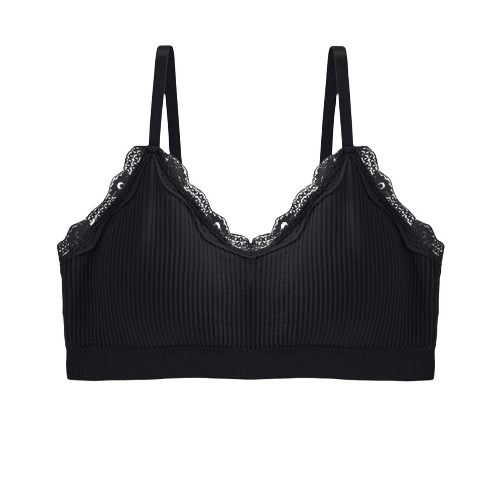 SUIJasmine Women's Lace Wireless Ribbed Bralettes Comfy Spaghetti Strap Knit Everyday Bra Adjustable Straps Black, Medium