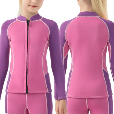 Kids Wetsuit Tops Jacket Girls, 2mm Wetsuits Jackets Long Sleeve Neoprene Tops Toddler Youth Children Wet Suit Shirt Front Zipper for Swiming Surfing Diving Snorkeling