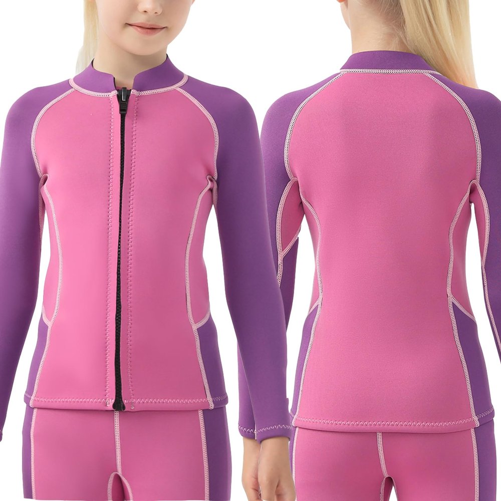 Kids Wetsuit Tops Jacket Girls, 2mm Wetsuits Jackets Long Sleeve Neoprene Tops Toddler Youth Children Wet Suit Shirt Front Zipper for Swiming Surfing Diving Snorkeling