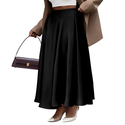 BTFBM Satin Skirts for Women Spring Fashion 2026 Elegant Flowy A-Line Cocktail Formal Silk Maxi Skirt Night Out Outfits(Black, Medium)