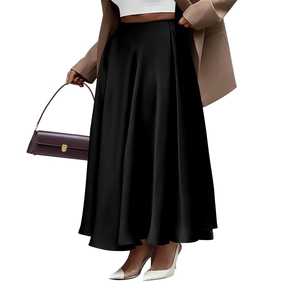 BTFBM Satin Skirts for Women Spring Fashion 2026 Elegant Flowy A-Line Cocktail Formal Silk Maxi Skirt Night Out Outfits(Black, Medium)