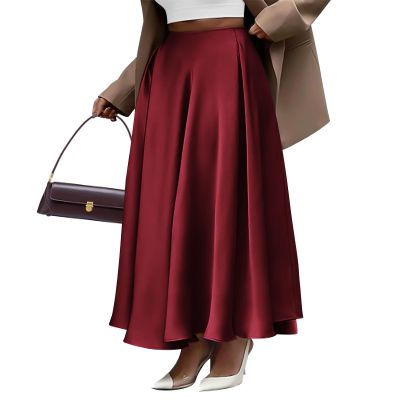 BTFBM Satin Skirts for Women Spring Fashion 2026 Elegant Flowy A-Line Cocktail Formal Silk Maxi Skirt Night Out Outfits(Wine Red, Small)