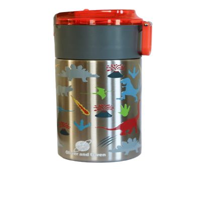 Oliver and Owen Kids insulated water bottle with straw and snack cup. Double wall stainless steel 14oz (orange and gray dinosaur)